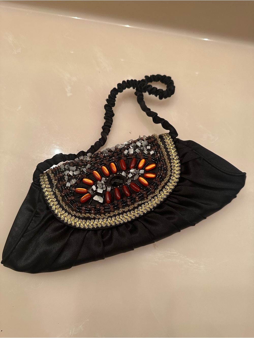 Vintage handmade Black Beaded Evening Clutch with Orange Accent